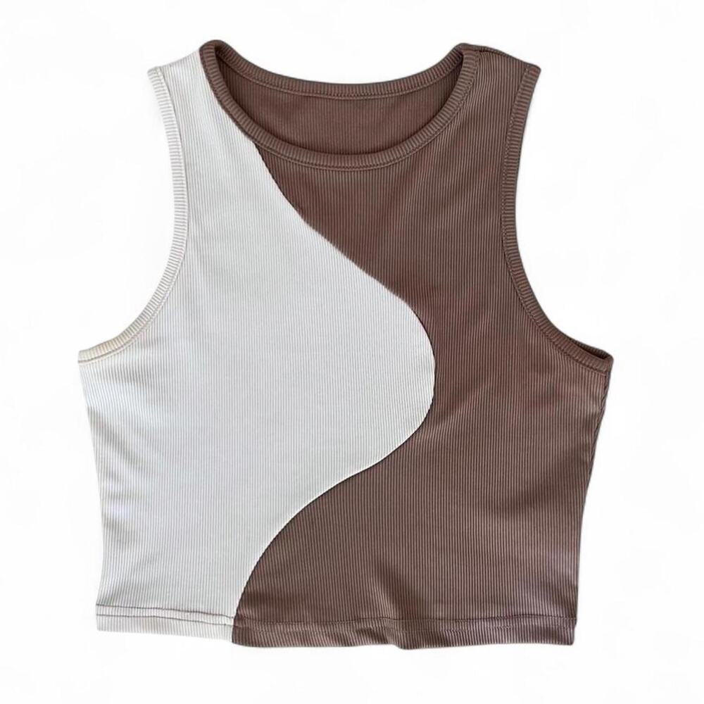Two Tone brown Ribbed Wave Crop Tank Mocha Cream Fitted Women’s Small